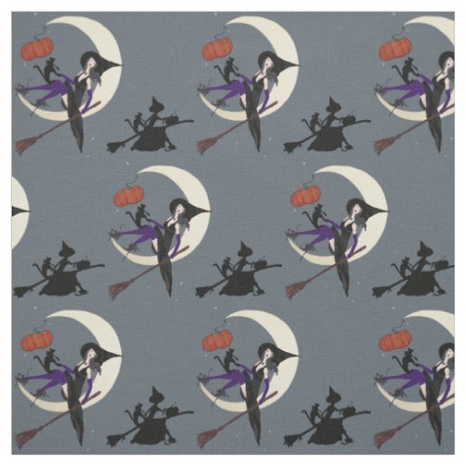 Halloween Witch Sharkskin Gray Fabric