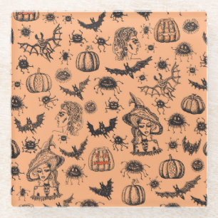 Halloween Witch Silhouette: Cartoon Pattern. Glass Coaster