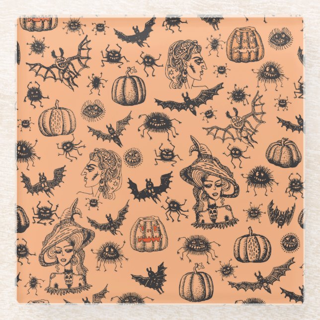 Halloween Witch Silhouette: Cartoon Pattern. Glass Coaster (Front)
