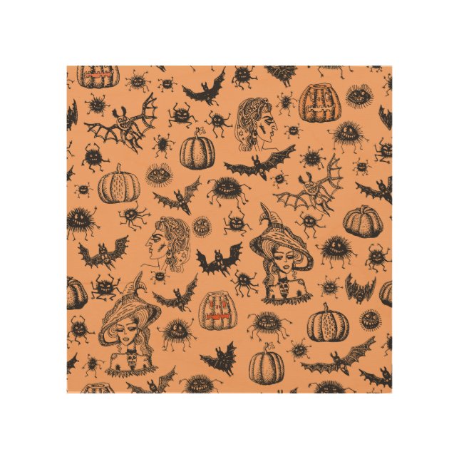 Halloween Witch Silhouette: Cartoon Pattern. Wood Wall Art (Front)