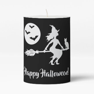 Halloween Witch Silhouette Flying On A Broom Pillar Candle