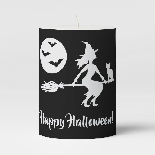 Halloween Witch Silhouette Flying On A Broom Pillar Candle