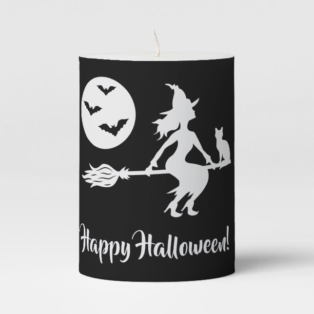 Halloween Witch Silhouette Flying On A Broom Pillar Candle (Front)