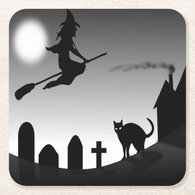 HALLOWEEN WITCH SILHOUETTE SQUARE PAPER COASTER (Front)