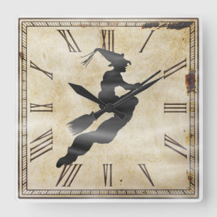 Halloween Witch Silhouette   Vintage Clock Face