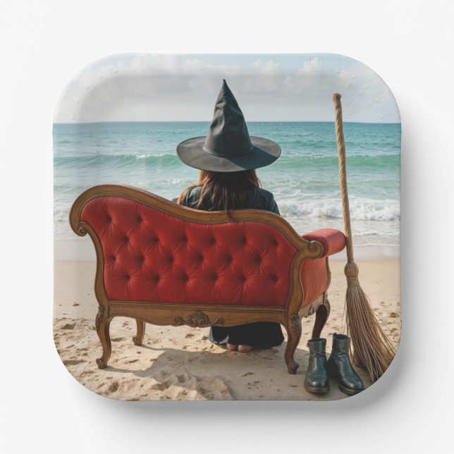 Halloween Witch Sitting On a Seashore Sofa Paper Plates (Front)