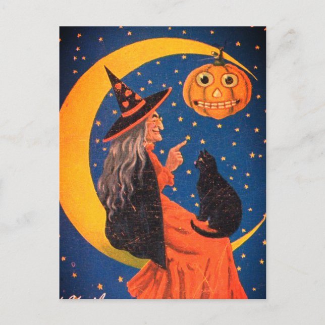 Halloween Witch Sitting On Moon Vintage Holiday Postcard (Front)