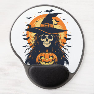 Halloween Witch Skull with Jack O Lantern Pumpkin Gel Mouse Pad