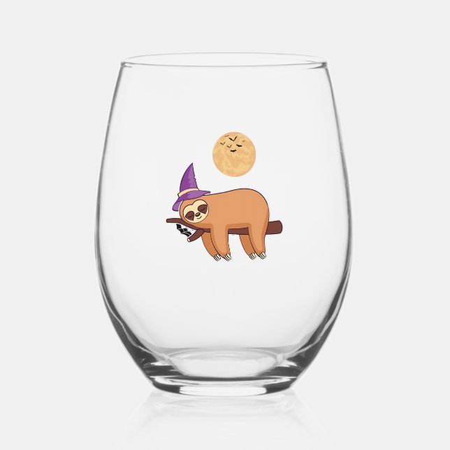 Halloween Witch Sloth Oversized T-Shirt Stemless Wine Glass (Front)