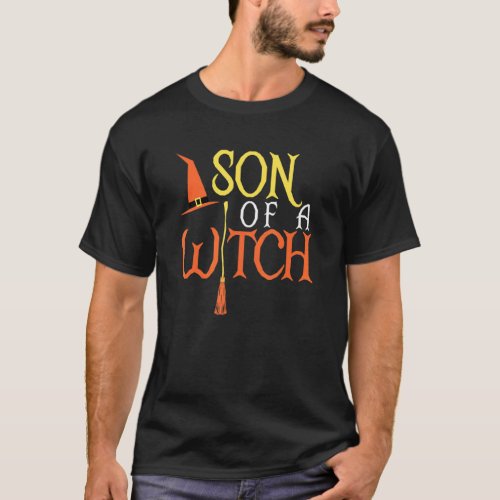 Halloween Witch Son Hat And Broom Stick Trick T_Shirt