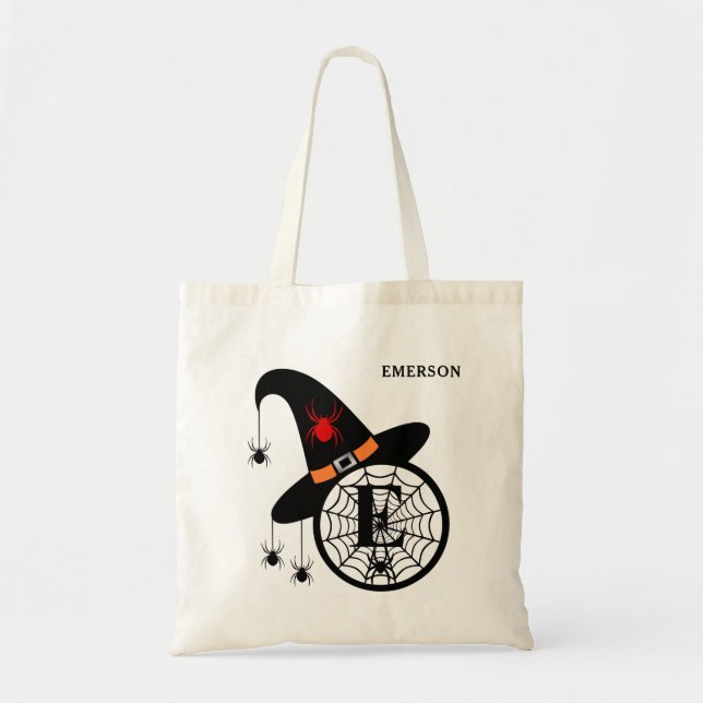 Halloween Witch Spider Monogram E Custom Name Tote Bag (Front)
