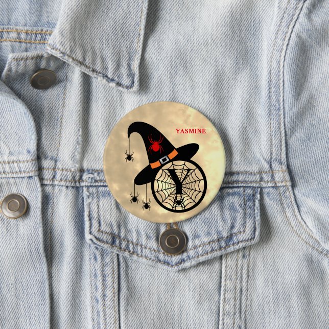 Halloween Witch Spider Monogram Y Custom Name Button (In Situ)