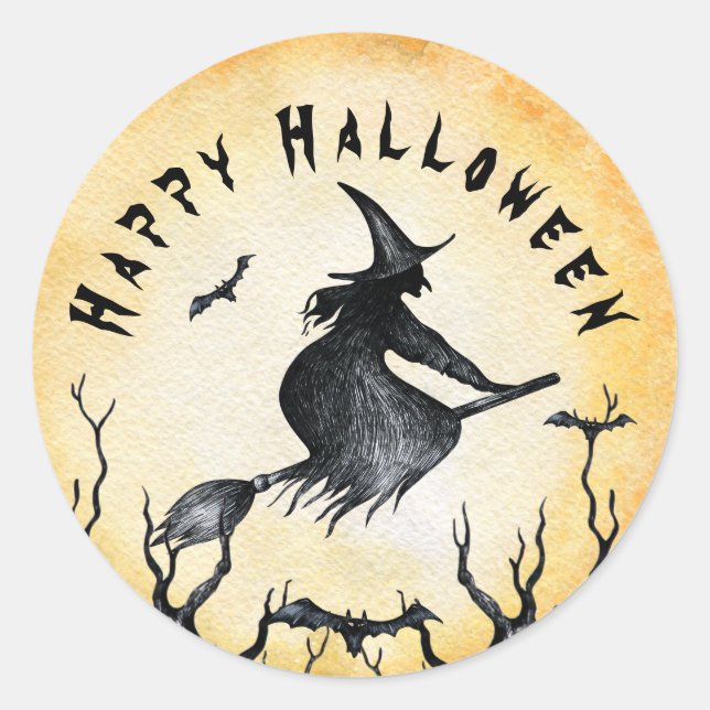 Halloween Witch Spooky Black Bats Classic Round Sticker (Front)
