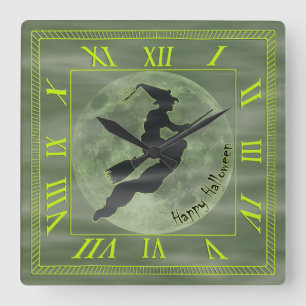 Halloween Witch - Square Clock with Roman Numerals