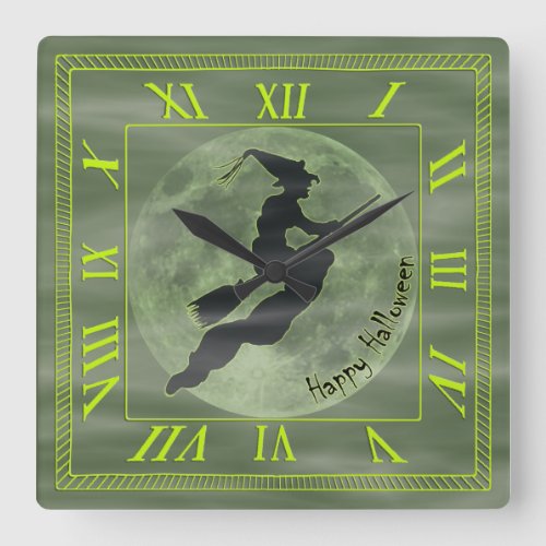 Halloween Witch _ Square Clock with Roman Numerals