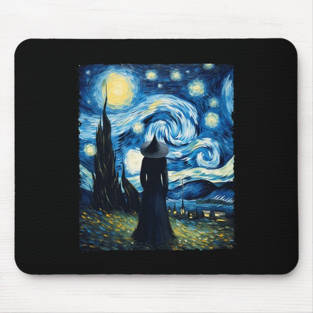 Halloween Witch Starry Night Van Gogh Aesthetic Pa Mouse Pad (Front)
