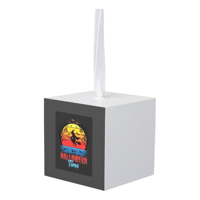 Halloween Witch Sunset Vector Cube Ornament (Back Angled)