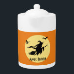 Halloween witch teapot<br><div class="desc">Halloween themed design with witch flying riding on a broom along with bats. The full moon is visible on the background. You can easily change the color of this teapot using the "customize it" button. Also you can put your own text on it using the template. It is a perfect...</div>