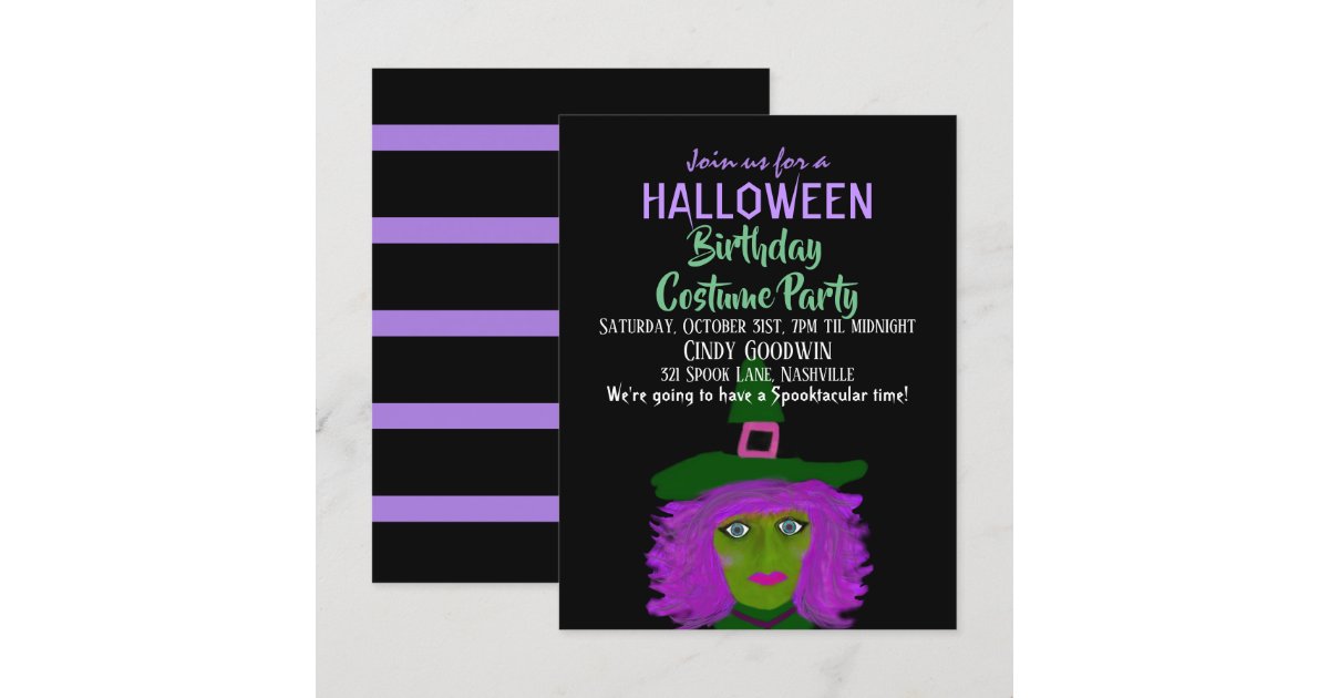 Halloween Witch Theme Birthday Costume Party Black Invitation | Zazzle