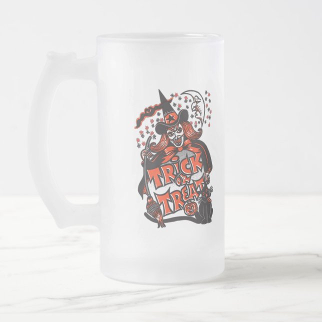 Halloween Witch Trick or Treat Frosted Glass Beer Mug (Left)