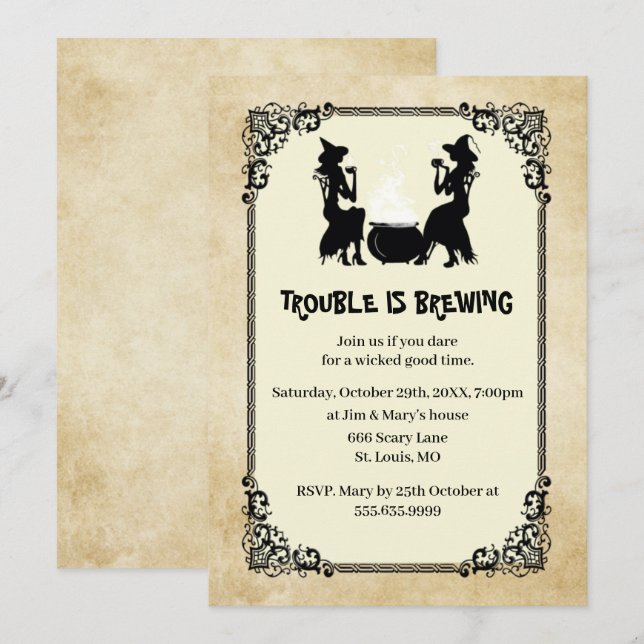 Halloween Witch Trouble Is Brewing Party Invitation (Front/Back)