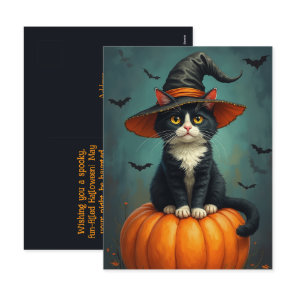 Halloween Witch Tuxedo Cat On A Pumpkin Holiday Postcard