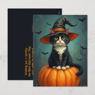 Halloween Witch Tuxedo Cat On A Pumpkin Holiday Postcard