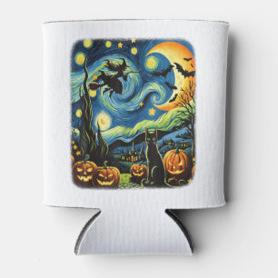 Halloween Witch Van Gogh Starry Night Black Cat Pu Can Cooler
