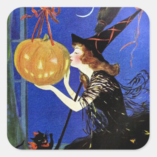 Halloween Witch Vintage Art   Square Sticker