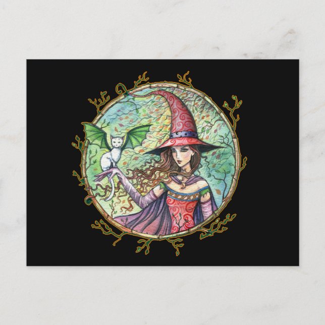Halloween Witch White Cat Postcard (Front)