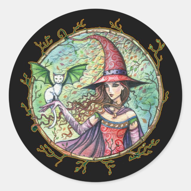 Halloween Witch White Cat Stickers (Front)