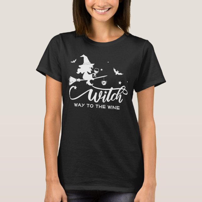 Halloween Witch Wine Flying Broom T-Shirt (Front)