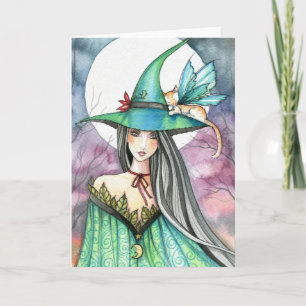Halloween Witch Winged Cat Card