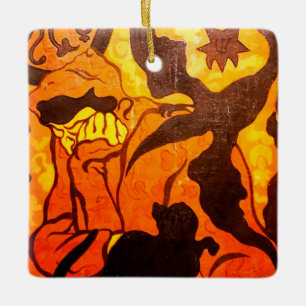 Halloween Witch with a Black Cat Ceramic Ornament