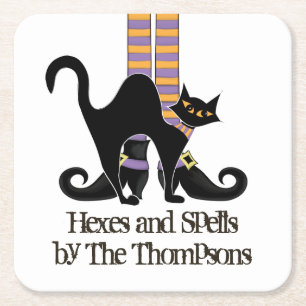 Halloween Witch with Black Cat Cute Whimsical Square Paper Coaster