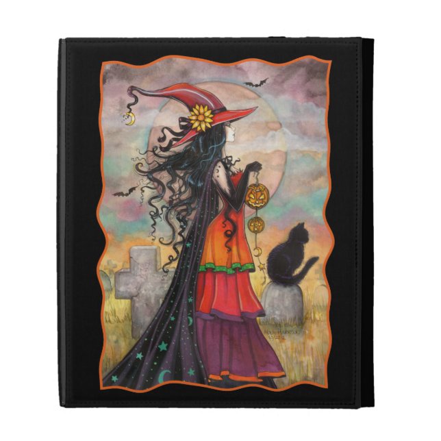 Halloween Witch with Black Cat Fantasy Gothic Art iPad Folio Cover (Front)