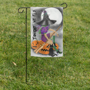 Halloween Witch with Black Cat Garden Flag