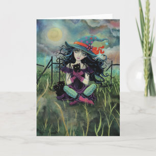 Halloween Witch with Black Cats Fantasy Art Card