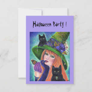 Halloween witch with black cats party invitations