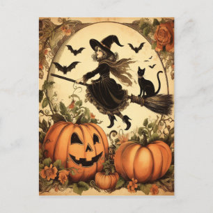 Halloween Witch with Broom and Cat Postcard
