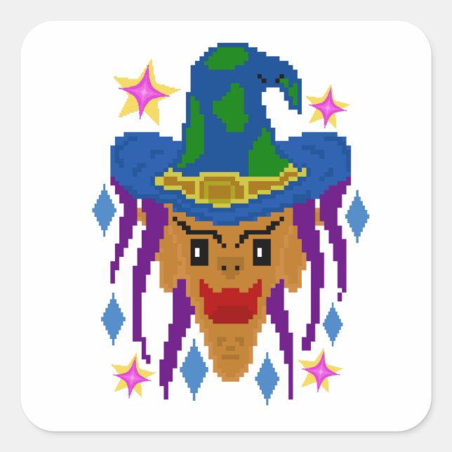  Halloween Witch with Broom – Pixel Art Square Sticker (Front)