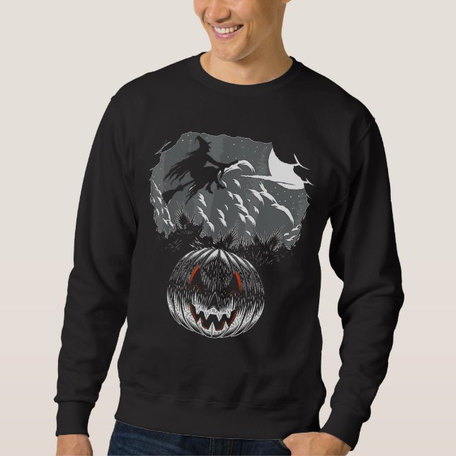 Halloween Witch With Broom Scary Pumpkin Motif Sweatshirt (Front)
