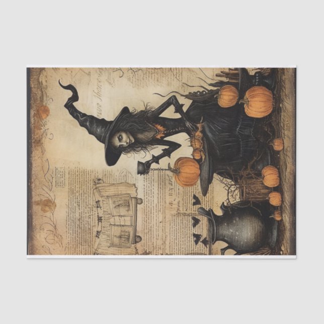 Halloween Witch with Cup in Hand Pumpkin Decoupage Tissue Paper (Front)
