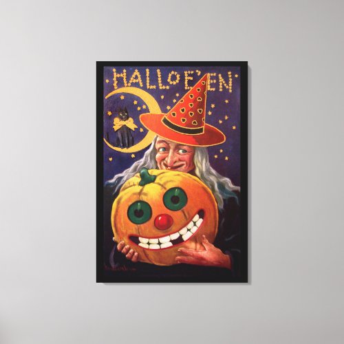 Halloween Witch with Funny Pumpkin Canvas Print
