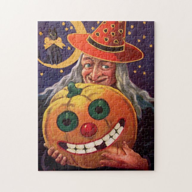 Halloween Witch with Funny Pumpkin Jigsaw Puzzle (Vertical)