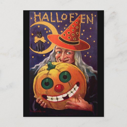 Halloween Witch with Funny Pumpkin Postcard