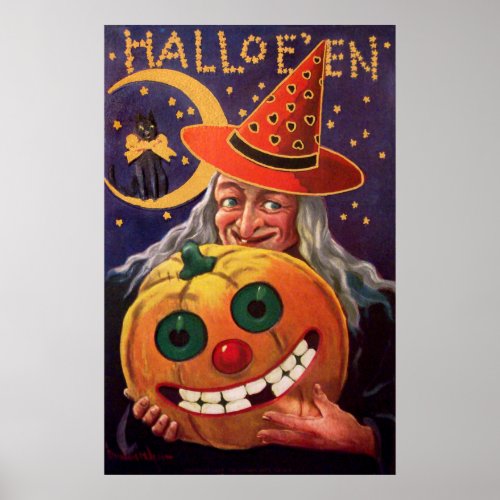 Halloween Witch with Funny Pumpkin Poster