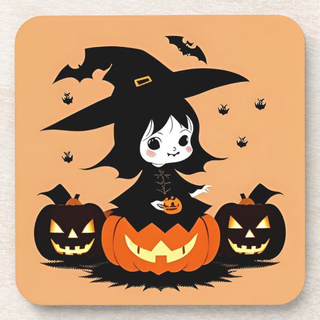 Halloween Witch with Pumpkins Beverage Coaster (Front)