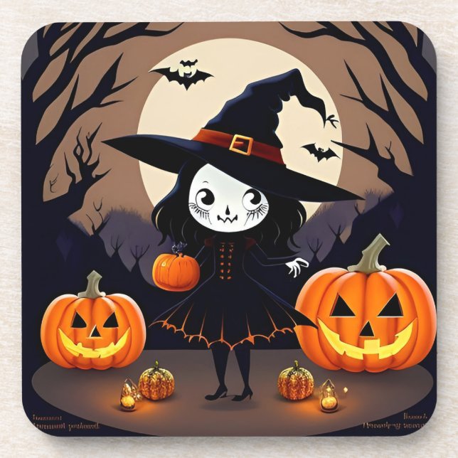 Halloween Witch with Pumpkins Beverage Coaster (Front)