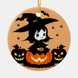 Halloween Witch with Pumpkins Ceramic Ornament